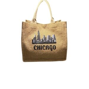 Chicago Skyline Jute Burlap Tote Bag Souvenir Windy City Shopping Beach Carryall